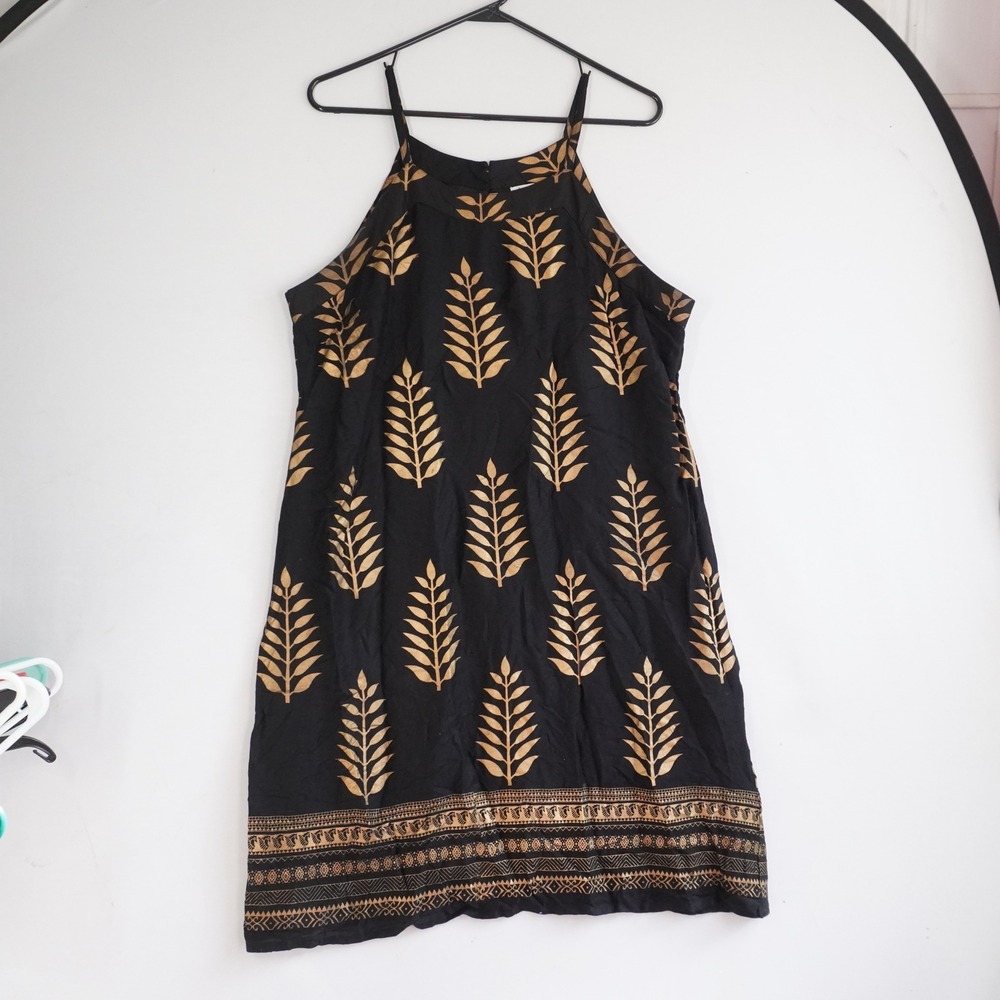 Women XL Black Gold Leaf Block Print Halter Mini Dress Boho India Beach Vacay
